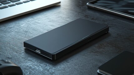 Modern, sleek smartphone resting on a dark, textured surface, surrounded by other digital devices