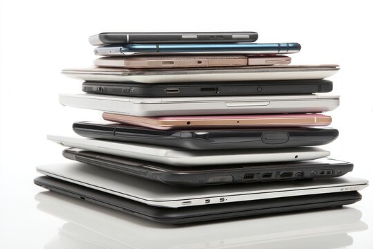 A collection of outdated laptops, tablets, and smartphones sits on a white desk, awaiting recycling, symbolizing the donation of technology to charitable causes and the recycling of electronic waste