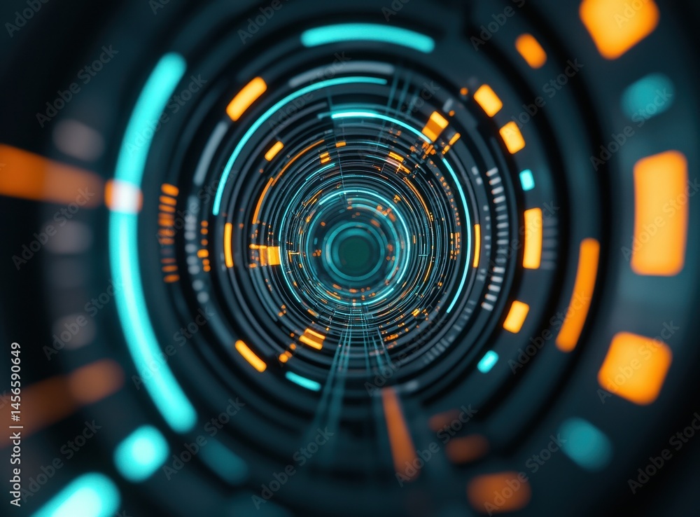 Poster futuristic abstract tunnel with glowing circles and lines in 3d format