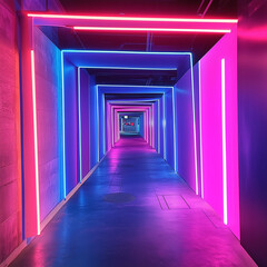 The futuristic passageway is aglow with vibrant pink and blue neon lighting 