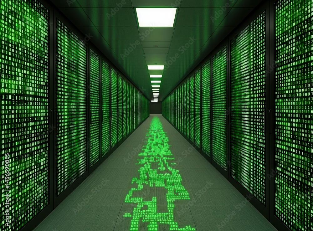 Poster futuristic data center corridor with green binary code visuals