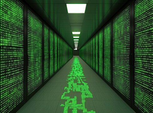 Futuristic Data Center Corridor with Green Binary Code Visuals