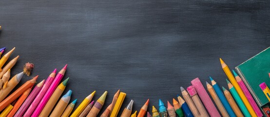 An image of school supplies is presented on a black chalkboard background complete with copy space
