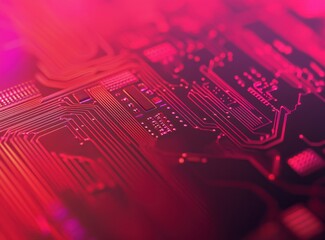Abstract Close-Up of Circuit Board with Pink and Red Lighting Effects