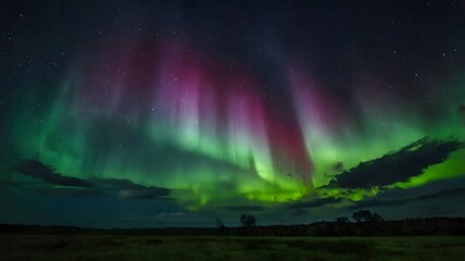 Magnificent Colorful Bright Green Purple Aurora In Night Sky