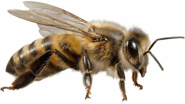 Detailed view of a western honey bee showing antennae, wings, striped abdomen, and fuzzy legs isolated on white