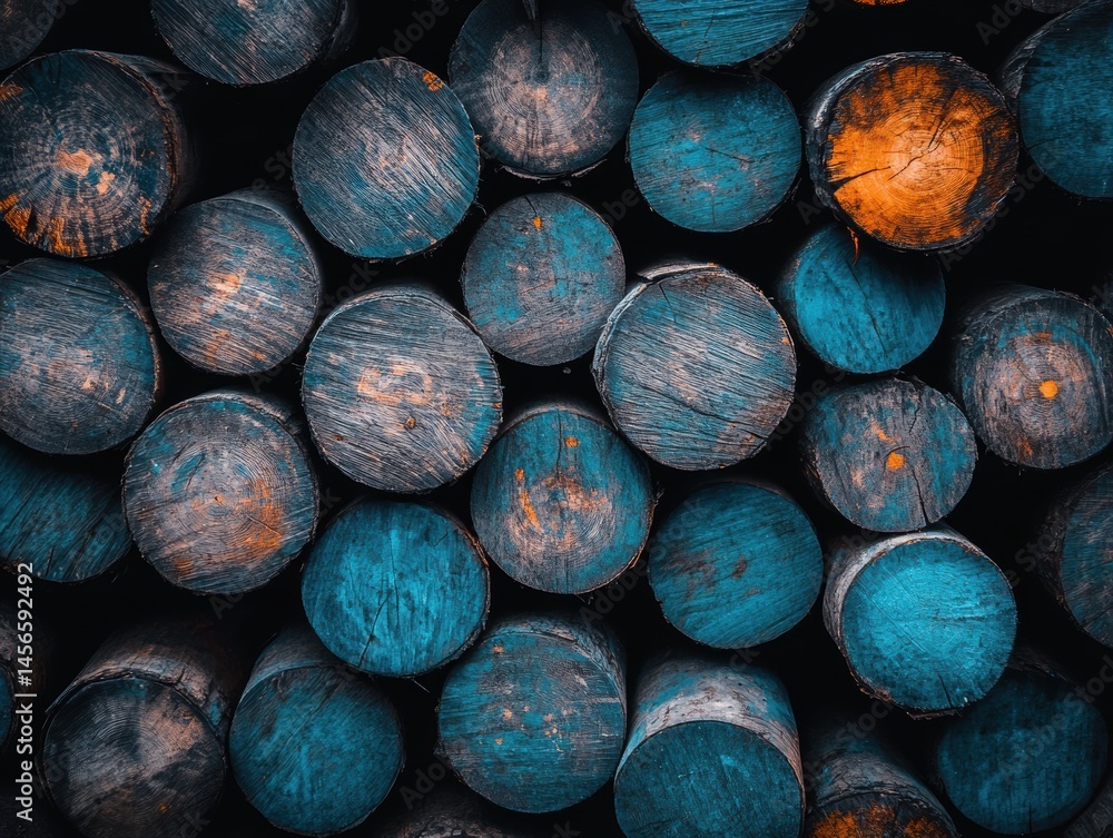 Poster stack of logs pattern close-up abstract view of woodpile in forest with blue and orange color treatm