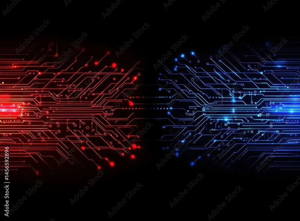 Aufkleber abstract digital circuit pattern in red and blue tone design