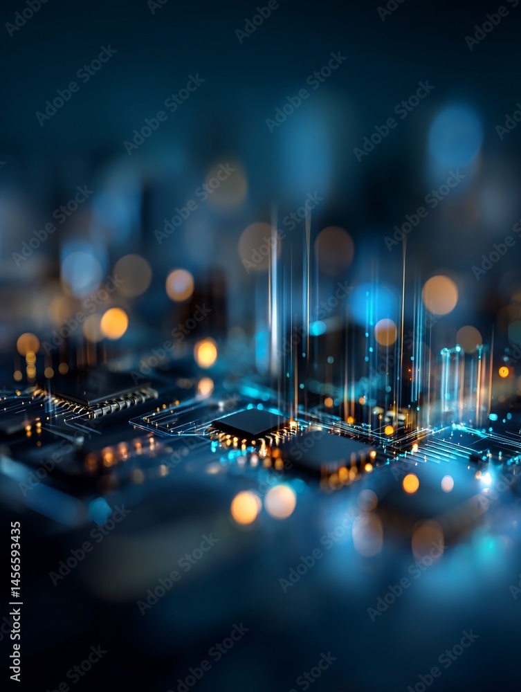 Poster a technology-themed abstract background featuring circuit diagram elements is presented in a light b