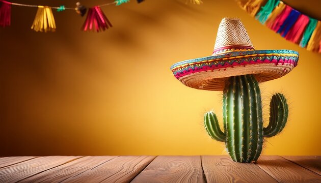 cinco de mayo holiday background made from maracas cactus and hat on yellow background - Powered by Adobe