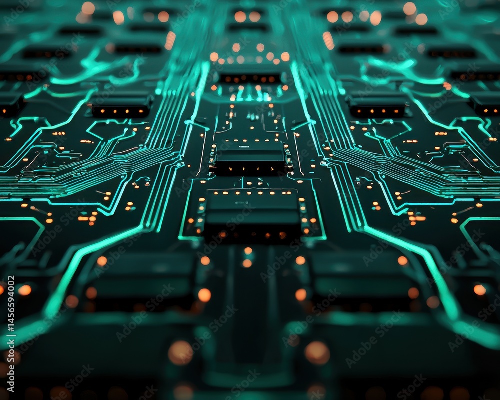Poster close-up view of abstract circuit board with glowing blue lines