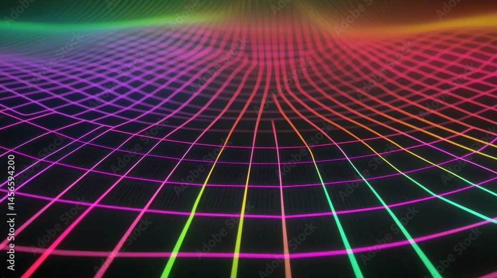 Poster abstract grid pattern with colorful neon lines on dark background