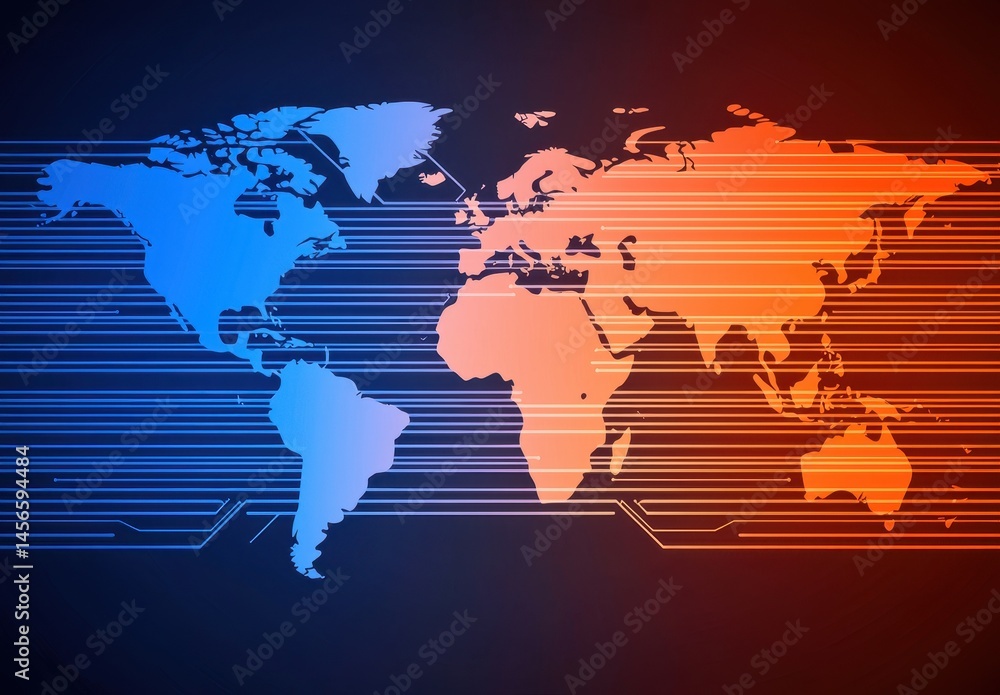 Poster abstract world map design with blue and orange gradient background