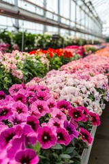 Obraz premium Colorful Petunia Display in Greenhouse Close Up Shot of Abundant Blooms in Rows Horticulture