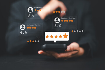 Online customer satisfaction Survey service concept, client rate service from experience in application, Consumer give five Star and feedback review for quality, Business reputation ranking from buyer