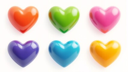 Fototapeta premium A group of six different colored hearts on a white surface.