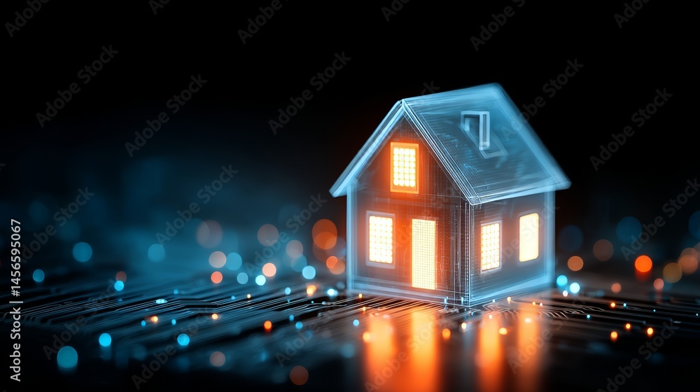 Poster an image of a glowing house icon on a circuit board serves as a representation of smart home technol