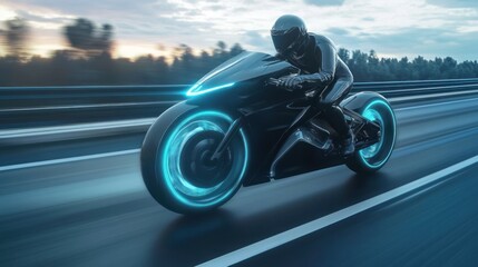 Obraz premium Futuristic motorcycle racing on highway. A sleek, black electric motorcycle with glowing neon wheels is speeding down a highway at sunset. A rider in dark gear is positioned aggressively on the bike.