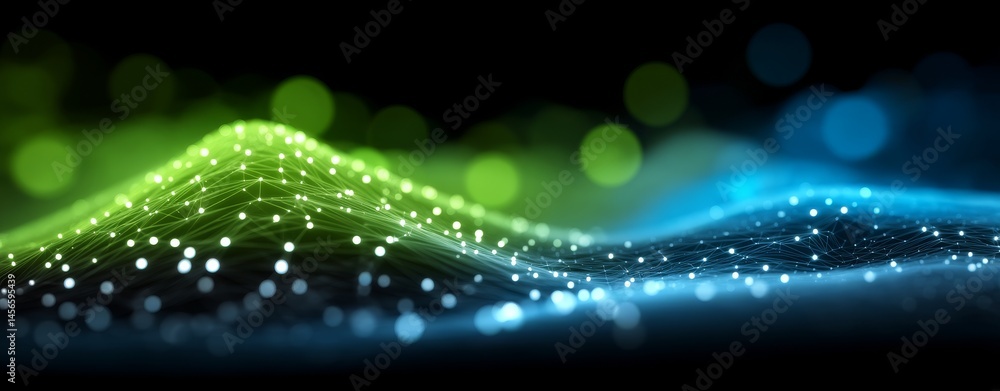 Poster the flow of data and communication is represented by blue and green connections within an abstract d
