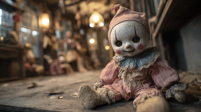 In a dimly lit room filled with dusty antiques, a cursed doll sits on a weathered table. Its cracked porcelain face and vintage clown costume evoke unsettling nostalgia and curiosity