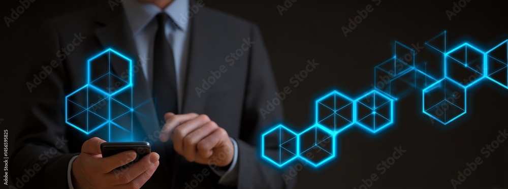 Poster the businessman uses a laptop and tablet to work with the blockchain technology concept, connecting 