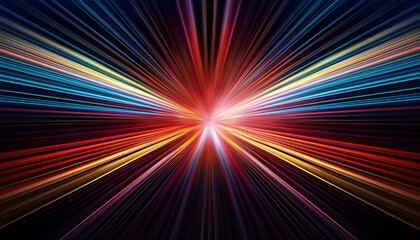 abstract dark background of light with stripes of colourful rays moving from the center