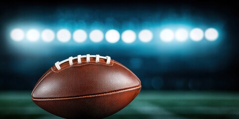 Close-Up of Leather Football on Dark Field with Stadium Lights