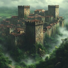 Misty medieval town nestled in a valley.