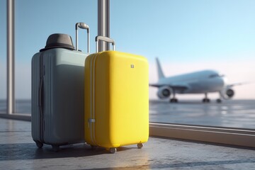 Yellow and gray suitcases with a hat are placed near a bright airport window, with an airplane on the runway, perfect for travel promotions, tourism ads, and vacation planning visuals