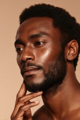 Obraz premium A close-up of a man's skincare routine features a gentle touch on his face