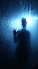 A dark figure stands close to a misty surface, creating an eerie impression. Blue light filters through, adding an atmospheric quality to the scene, suggesting mystery and isolation