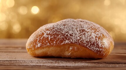 Soutzouk Loukoum dough fried and soaked in sweet syrup dusted with powdered sugar and cinnamon Shot in normal view on a textured wooden surface with a golden backdrop