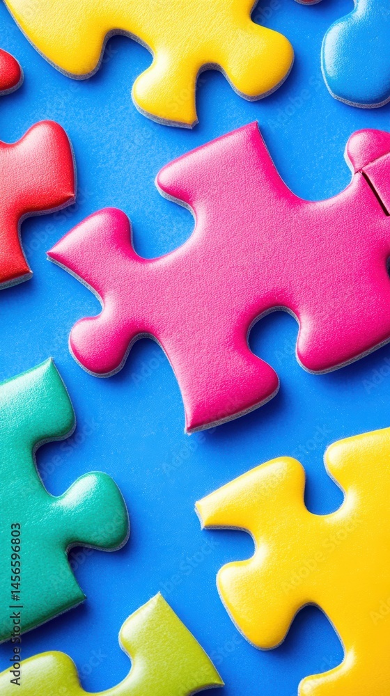 Poster colorful puzzle pieces on a blue background representing teamwork and problem solving concepts