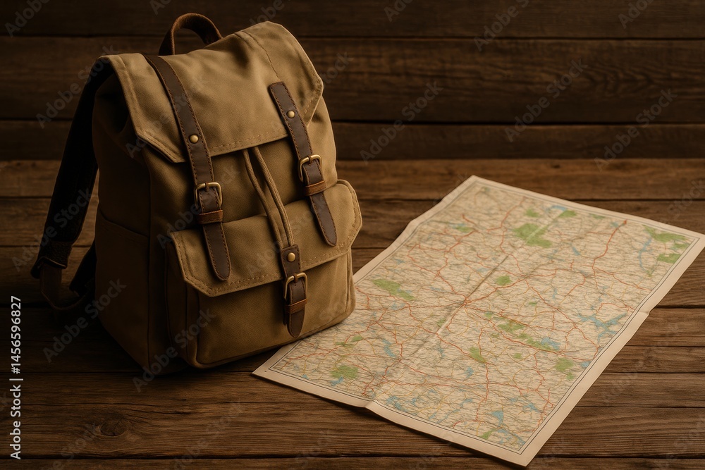 Poster backpack and map on wooden table ready for an adventure in the great outdoors generative ai