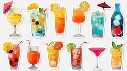 colorful set of cartoon cocktail stickers featuring various vibrant drinks with fruit, ice, and umbrellas, perfect for summer themes, parties, and tropical design elements