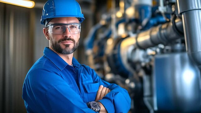 Mature male engineer, wearing a blue work uniform and hardhat, smiles while standing in front of a large industrial generator, showcasing his expertise in electrical maintenance