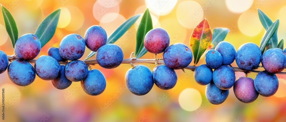 Poster close up of ripe olives on a branch with colorful bokeh background in a natural setting at eye level