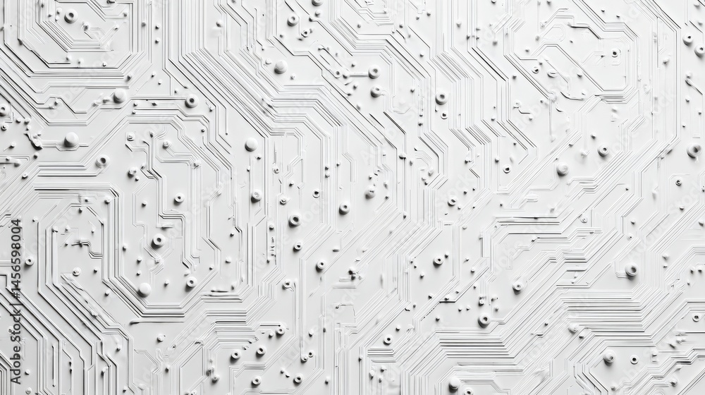 Poster the abstract image of a white circuit board with intricate lines and various components represents m