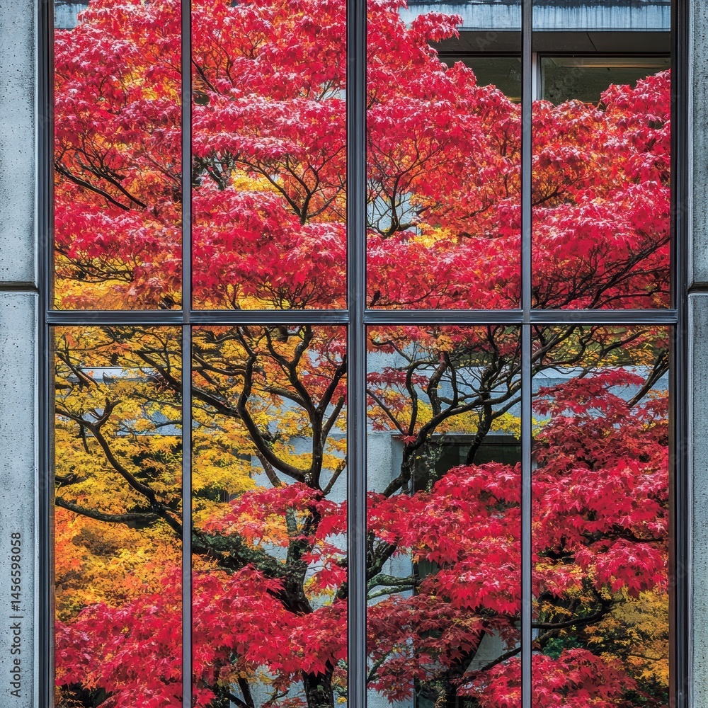 Poster autumn trees reflected in glass window panes colorful foliage in urban setting abstract architectura