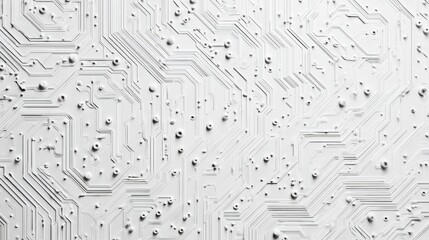 The abstract image of a white circuit board with intricate lines and various components represents modern technology