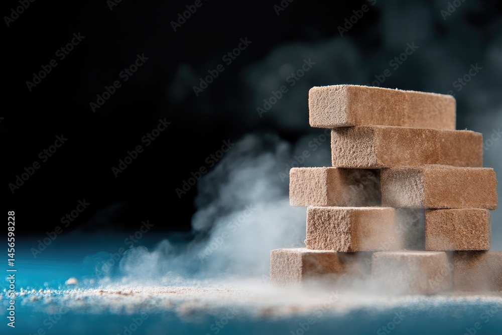 Poster stacked rectangular objects with smoke effect against dark background