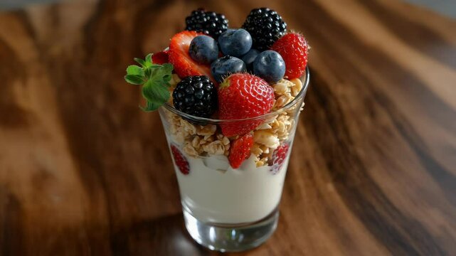 Close-up of breakfast yogurt parfait with granola and fresh summer berries on wooden table surface for healthy eating