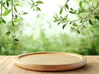 Wooden platform with green leaves for product display in a natural setting background