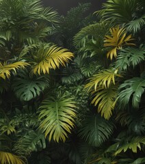 Intricate palm leaves, vibrant greens & yellows, lush tropical texture , summer background, yellow, leaves