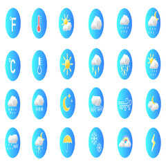 Weather icon set. Weather forecast icon set. Weather's symbol and logo. Thermometer, Sun, Moon, clouds, sunny day, moon, snowflakes, wind, sun day. Pictogram Vector illustration.