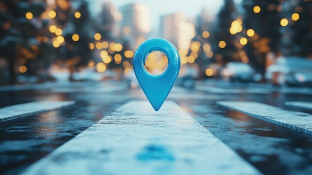 blue location 3d icon marker or route gps position navigator sign and travel navigation pin road map pointer symbol isolated on white street address background with point.