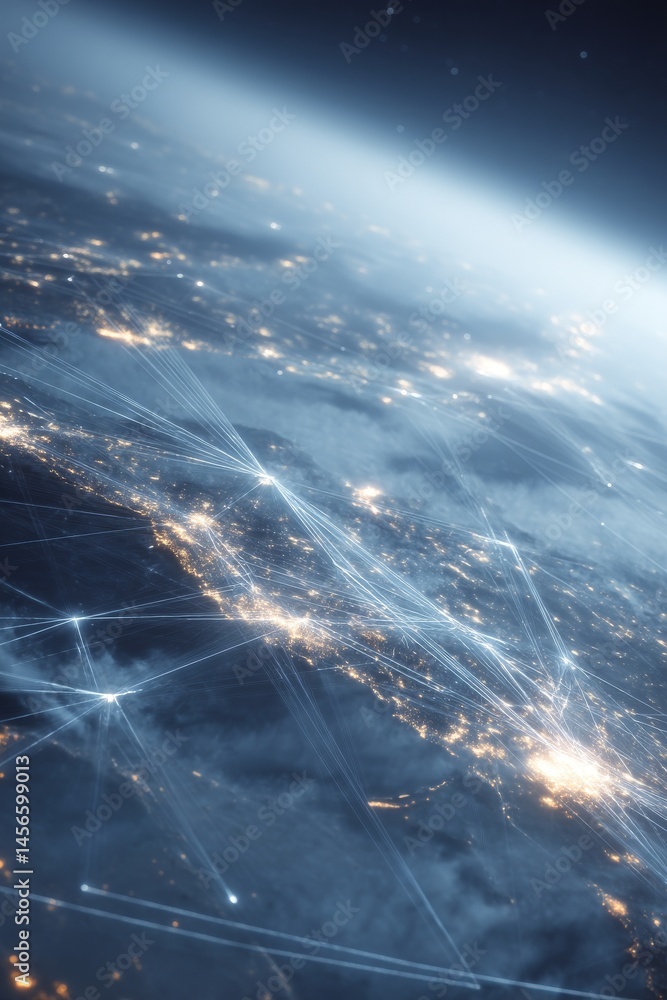 Poster global world network and telecommunication on earth are fundamental components of modern technology,