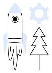 Rocket blasting off near a tree and gear, representing innovation, progress, nature, and technology. Ideal for creativity, development, ecology exploration strategy teamwork opportunities. Flat