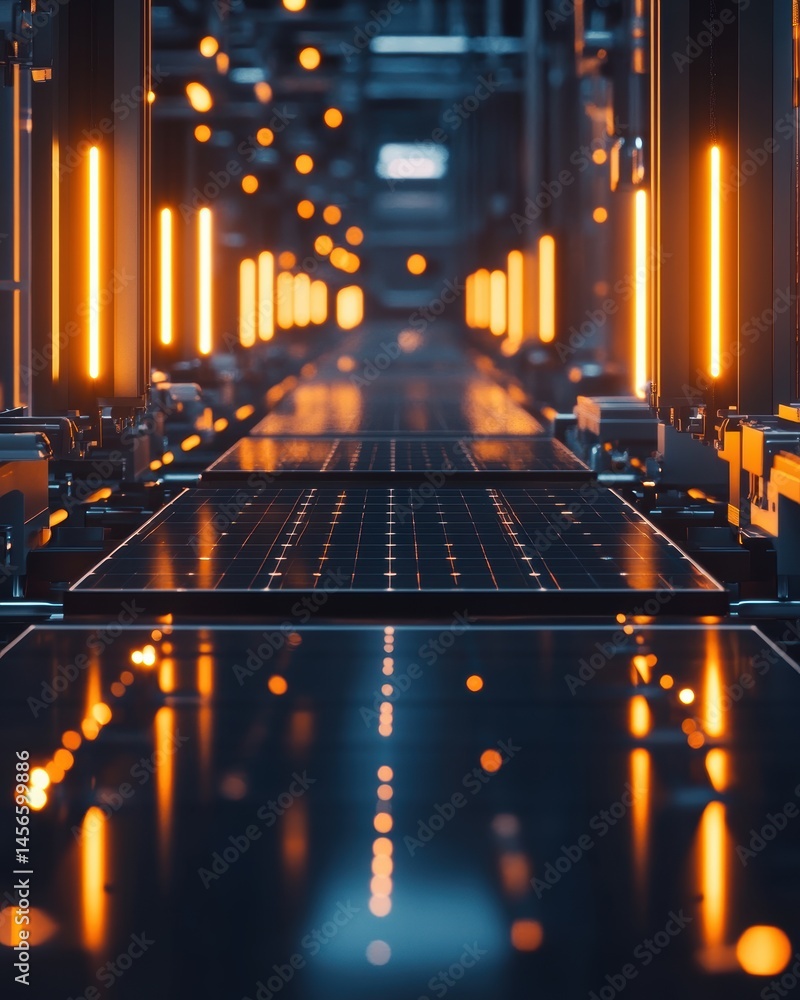 Poster solar panel production line in factory setting with warm lighting and perspective view on assembly l