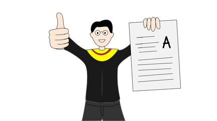 A student celebrates an A grade with a thumbs up and a report card.